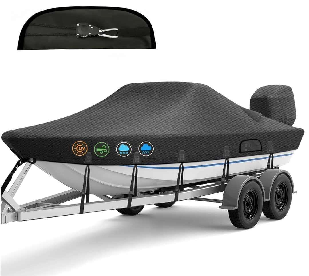 Ratchet Hurricane Proof Heavy Duty Waterproof Boat Cover, 20-22ft Mooring & Trailerable 1200D Bass Boat Cover with Motor Cover for Bass Tracker,Black