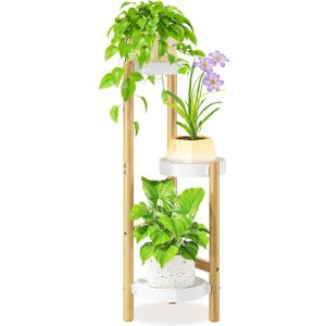 LASZOLA Bamboo White 3 Tier Heavy Duty Plant Stand Indoor, Tall Multiple Level Vertical Planter Rack for Modern Narrow Corner, Slim Spiral Flower Holder Organizer Display for House Decor, Plastic Tray
