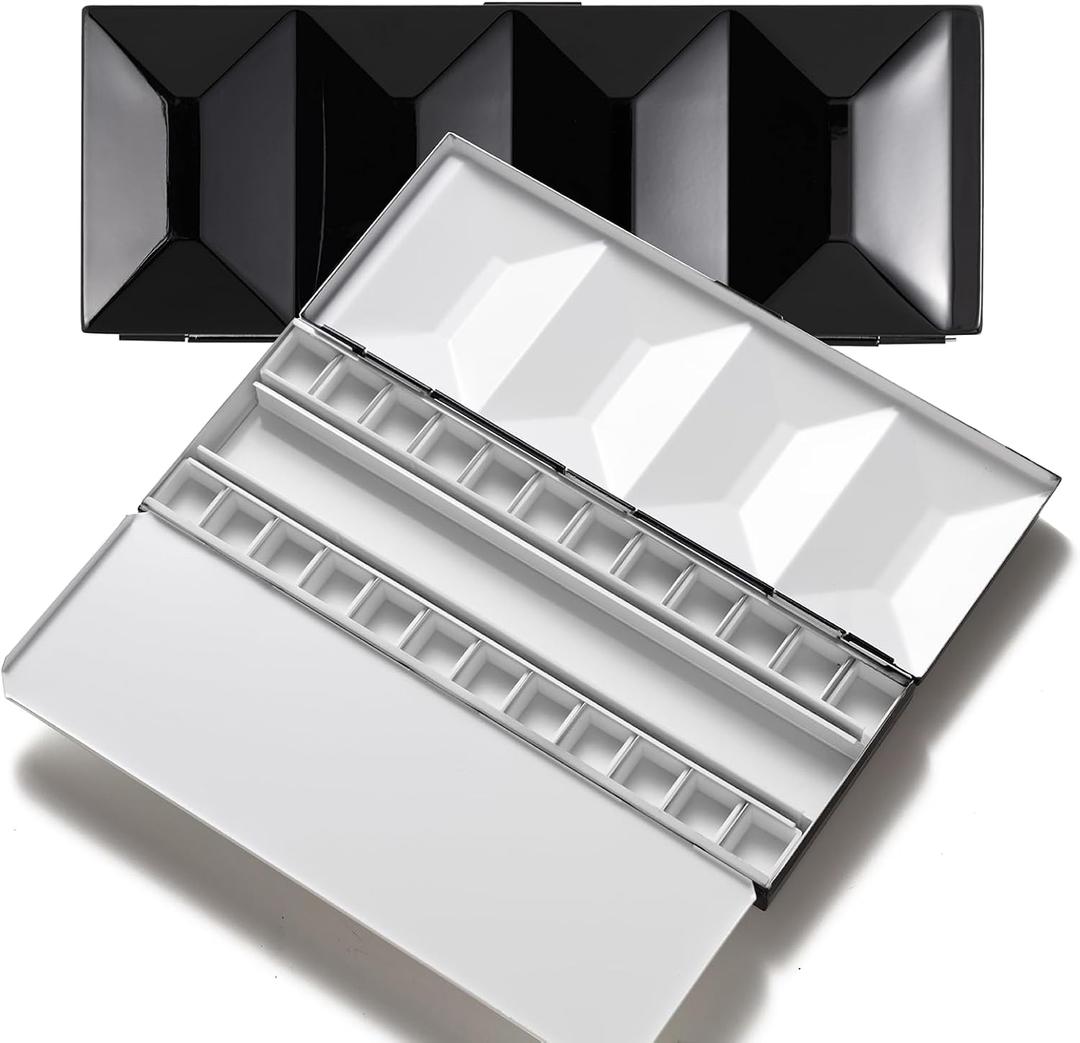 MEEDEN Empty Watercolor Tin Palette: Travel Water Color Paint Palette with 24 Half Pans - Portable Enamel Watercolour Box with Mixing Tray lid Black