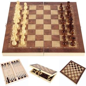 Folding Storage Wooden Chess Board Sets - 3 in 1 Chess Board Game for Adults and Kids (Backgammon, Checkers), Exquisite Wooden Chess Set