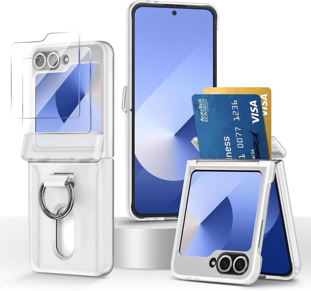 Card Holder Case for Samsung Galaxy Z Flip 5/6/7 FE with Ring and Hinge Protection, 2X Screen Protectors, Slim Wallet Cover Hard PC Anti-Fingerprint Matte Shell, Frosted White
