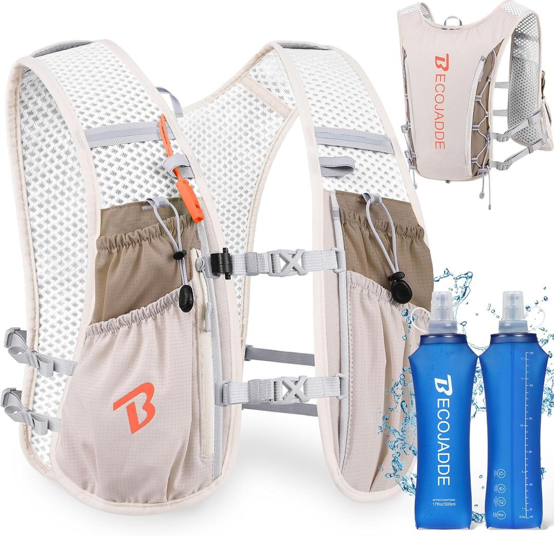 Running Vest Hydration Backpack for Men Women, 5L Lightweight Running Backpack Hydration Pack for Marathon, Trail, Cycling, Hiking, Jogging (5L Running Vest with Two 500ML Soft Water Bottles, Khaki)