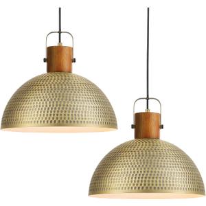 ELYONA 2 Pack Large Hammered Pendant Light Fixtures, 16 Inch Ash Wood Vintage Dome Hanging Lamp, Antique Gold Mid Century Pendant Lighting for Kitchen Island, Farmhouse, Dining Room, Brushed Brass