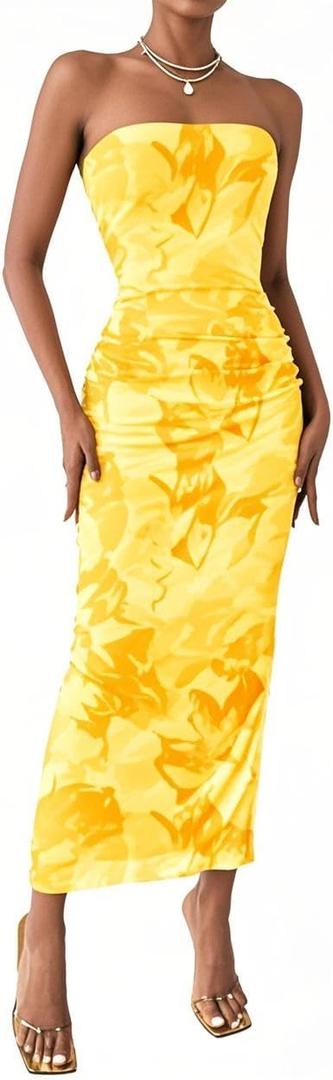 Women's Summer Dress Strapless Tube Top Maxi Floral Bodycon Dresses for Formal Party Vacation (Yellow)