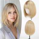 EMMOR 12 Inch Human Hair Wig for Women - Shoulder Length Layered Bob Wig with Bangs & Breathable Cap, Natural Looking Daily Wear Wig(Ombre Light Blonde)