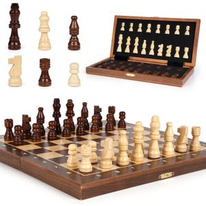 Magnetic Travel Chess Set 12-inch Wooden Magnetic Chess Board 2 Extra Queen Folding Chessboard for Storage Toys & Games for Adults Vintage Chess Game  Family Board Games Educational Toy Sets