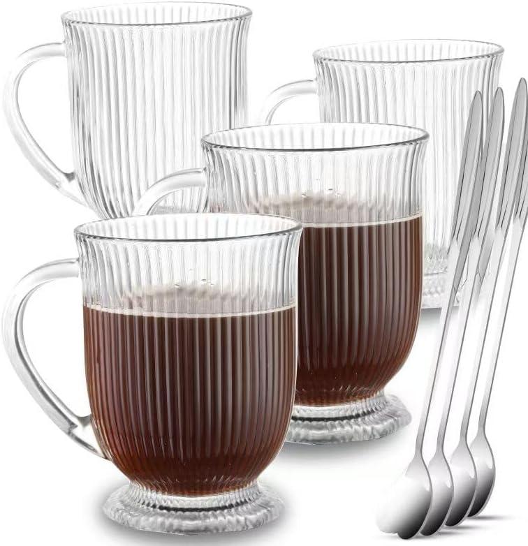 Large Ribbed Glass Coffee Mugs Set of 4,16 Oz Clear Espresso Mugs with Spoon, Glass Diner Cups with Handle Diner Latte Cup with Footed Base for Hot Beverages, Cappuccino Cups, Stylish Drinkware