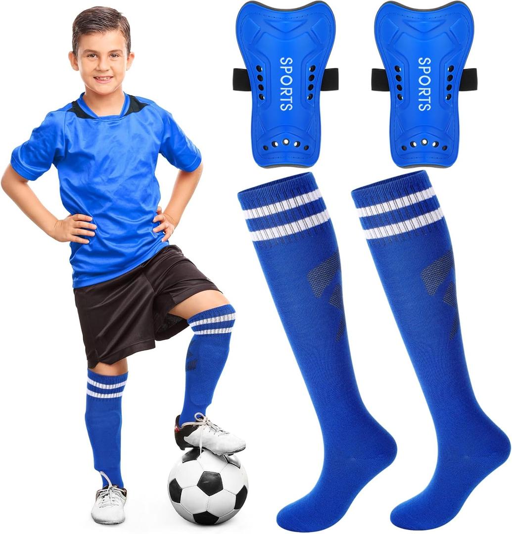 Syhood Soccer Shin Guards and Socks for Toddler Kids Youth, Lightweight Soccer Shin Pads Protective Defender Gear for 3-5, 5-10, 10-15 Years Old Children Teen Boys Girls Sports Game(L Size, Blue)