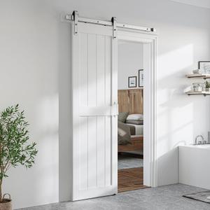 SmartStandard 24 x 84 inch White Sliding MDF Barn Door with 5FT Brushed Nickel Sliding Door Hardware Kit & Handle, Pre-Drilled Ready to Assemble, Waterproof PVC Coating, H-Frame