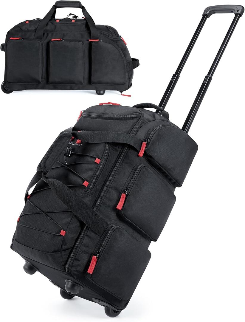 BAGSMART Rolling Duffle Bag with Wheels, 36L Travel Bag with Water-proof Pockets, Airline-Approved Carry On Duffel Bag with Handle, Black