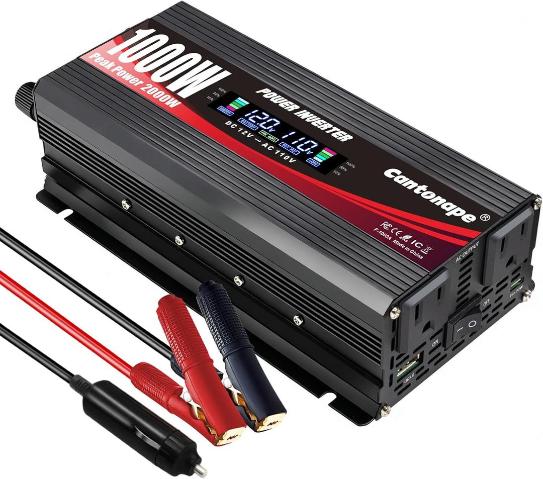 1000W Car Power Inverter DC 12V to 110V/120V AC Converter with LCD Display 2 AC Outlets, 3.0A USB and Type-C Car Inverter for RV Camping Laptop Truck Vehicle