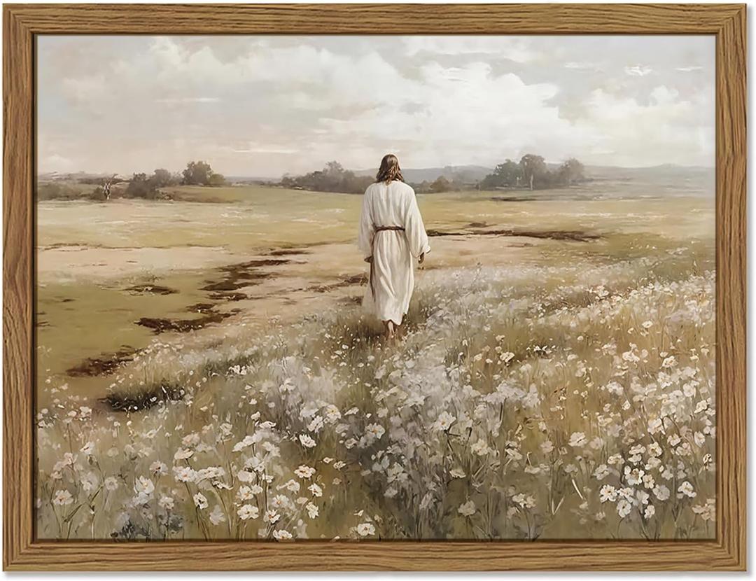 Framed Jesus Wall Art, Vintage Christian Canvas Wall Decor Pictures, Jesus Walking in Field Posters Prints, Rustic Religious Home Decor for Living Room Bedroom Church Prayer Room 16x24 Inch