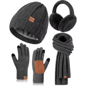 Winter Hat Gloves Scarf Earmuffs Set for Women, Fleece Lined Beanie Long Scarf Touchscreen Gloves Ear Warmer, 4 in 1 Gift Set (Dark Gray)