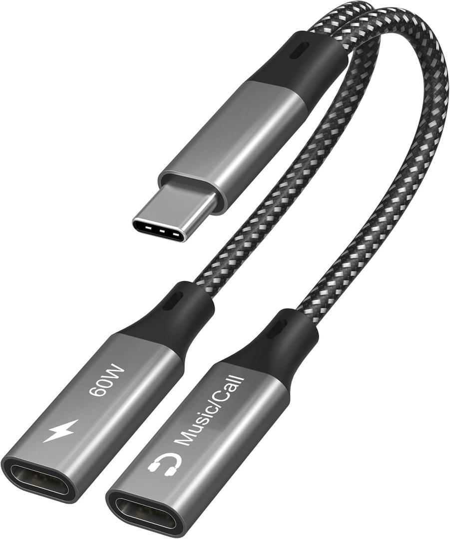 Dual USB-C Headphone and Charger Adapter - 1 in 2 out USB C Splitter with 60W Fast Charging and Audio Adapter for iPhone 16 15 iPad Huawei Galaxy PC, Type-C to Headphone Splitter for Call & Music