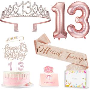 13th Birthday Decorations for Girls, Including 13th Happy Birthday Cake Toppers, Queen Sash with Pearl Pin, Sweet Rhinestone Tiara Crown, Number Candles and Balloons Set, Rose Gold