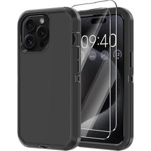 Annymall for iPhone 15 Pro Max Case with 2 Screen Protector,Shockproof Drop Protection Full Body Heavy Duty 3-Layer Military Rugged Durable Phone Cover for Apple iPhone 15 Pro Max 6.7" (Black)