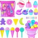 Ice Cream Beach Toys Sand Toys Set for Kids, Collapsible Sand Bucket and Shovels Set with Mesh Bag, Sand Molds, Watering Can, Sandbox Toys for Kids and Toddlers, Travel Sand Toys for Beach