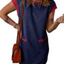 Dokotoo Women's 2026 Casual Spring Summer Dresses Fashion Cap Sleeve Color Block Crewneck Shift Tshirt Mini Dress (Blue, XL)