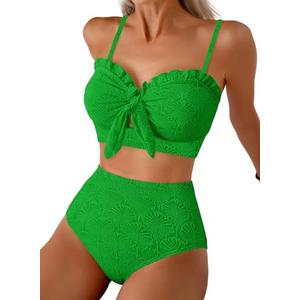 Herseas Women's High Waisted Tummy Control Bikini Sets Textured 2 Piece 2026 Summer Swim Suits Ruffle Supportive Bathing Suit Trendy Green Swimming Outfits, X-Large