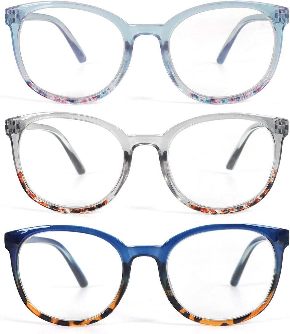 KoKoBin 3 Pack Reading Glasses for Women Cute Round Blue Light Blocking with Spring Hinge (Mix Color)