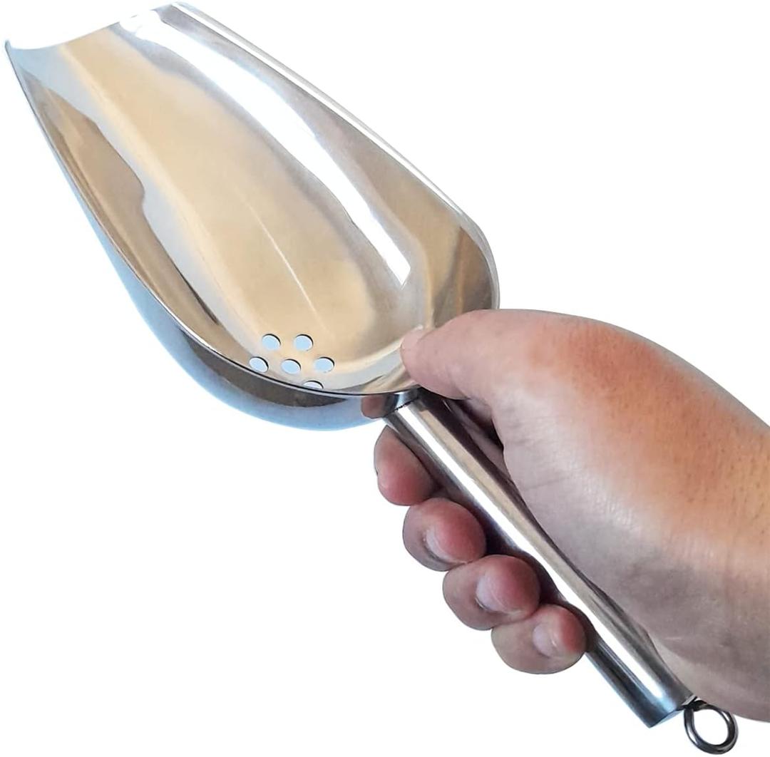 JBscoop Large Ice Scoop with Holes. Stainless Steel Ice Scoop with Drain Holes to Reduce Unwanted Dilution. Heavy Duty and Dishwasher Safe. Six Ounce Capacity. (18 Oz)