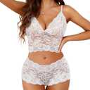 Lilosy Sexy Sheer Floral Lace Pajamas Lingerie Set High Waist Sleepwear Bra and Panty 2 Piece Nightwear (Small)