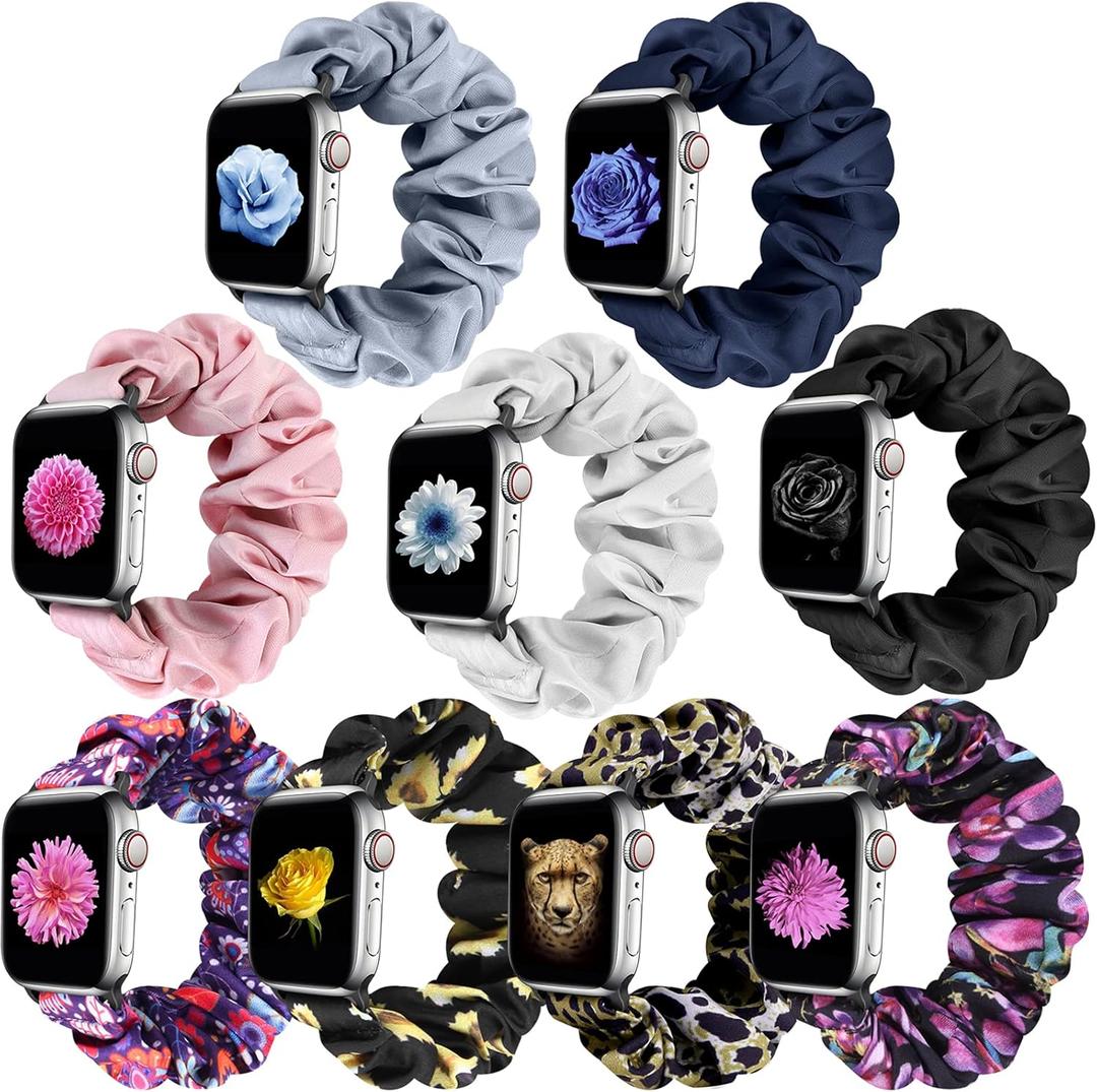 Compatible with Apple Watch Band Scrunchie 38mm 40mm 41mm 42mm 44mm 45mm 46mm 49mm, Elastic Pattern Printed Fabric Straps Women for iWatch Series 11/10/9/8/7/6/5/4/3/2/1/SE/Ultra 3 2 1 (Gray+Silver+Dark Blue+Pink+Black+Sunflower+Leopard+Butterfly+Purple Print)