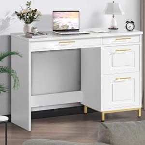 4 EVER WINNER White Desk with Drawers and Golden Handle, 43 Inch Small Desk with 4 Storage Drawers, Computer Desk with Storage Shelves for Home Office, White and Gold