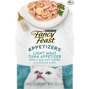 Purina Fancy Feast Appetizers Lickable Grain Free Wet Cat Food Topper Light Meat Tuna Appetizer with Scallop - (Pack of 10) 1.1 oz. Trays,  Best By Aug/2026