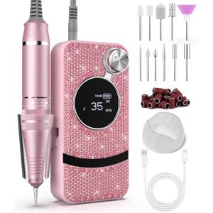 Professional Electric Cordless Nail Drill File with 11 Nail Drill Bits, 35000RPM DIY Glitter e Filer for Nails Kit Machine for Acrylic Nails Gel Polishing for Manicure Salon Home (Pink)