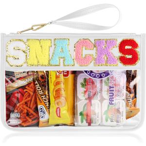 Snack Bag for Travel - Clear Chenille Varsity Letter Flat Pouch with Zipper, 12.28.46 Inch Waterproof Clear Nylon Preppy Patch Makeup Cosmetic tote Bags for Women Girls