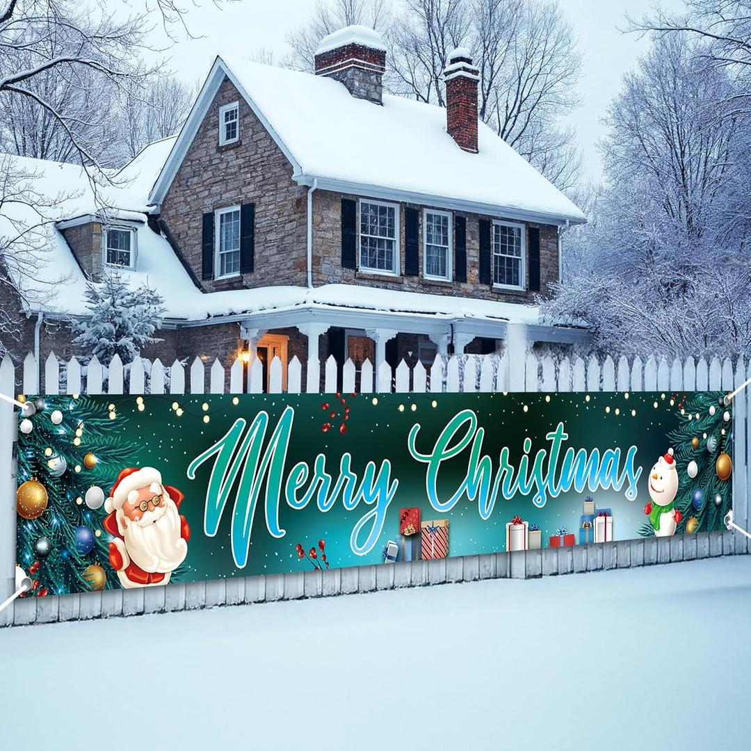 KatchOn, Merry Christmas Yard Banner - XtraLarge, 120x20 Inch | Merry Christmas Banners for Outside | Merry Christmas Banner Outdoor for Christmas Party Decorations | Outdoor Christmas Decorations (Santa and Snow man Theme)