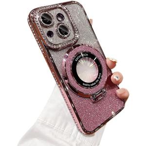Bling Glitter Phone Case Compatible with iPhone 14 Plus, Kickstand Camera Lens Protector Soft Cover Sparkling Rhinestone Case (Pink)