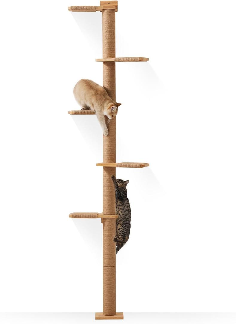 FUKUMARU Tall Cat Tree, 5 Tier Floor to Ceiling Cats Tower, Wall-Mounted Kitten Scratching Post, Wild Simulation Kittens Wall Shelves, Suitable for Climb, Scratch, Lookout and Play (BlanchedAlmond)