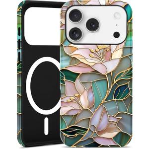 Jusy Compatible with MagSafe Lily Flower Case for iPhone 17 Pro, Aesthetic Stained Glass Floral Magnetic Phone Case, Soft TPU and Hard PC Protective Phone Cover for Women Girls (Shiny)  Lily