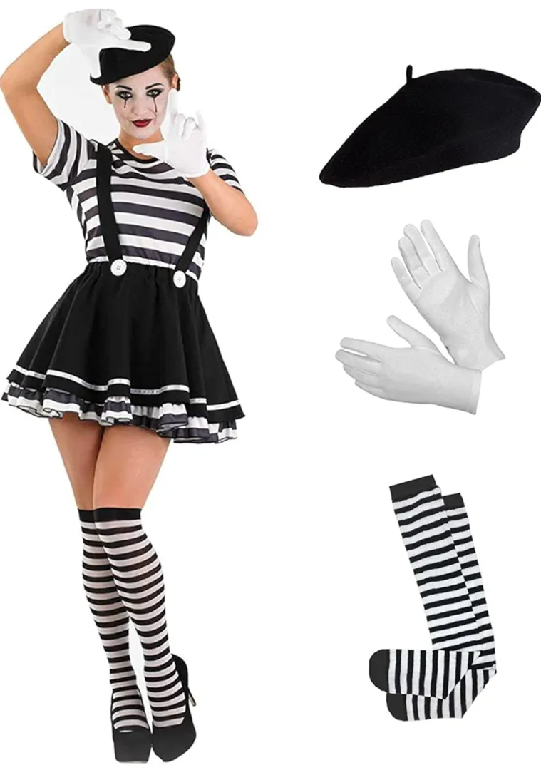 fun shack Mime Costume for Women, French Mime Costume Women, Mime Costume Adult, Mime Halloween Costumes for Women M