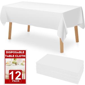 RowinsyDD 12 Pack White Plastic Table Cloths Disposable, 54 x 108 Inches Plastic Table Cover for Rectangle Tables, Disposable Tablecloth for Dinning, Parties, BBQ, Wedding, Outdoor