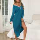 Marvmys Womens Long Sleeve Nightgowns Long Button Up Night Gown Henley V Neck Full Length Sleep Shirts with Pocket (Blue, XL)