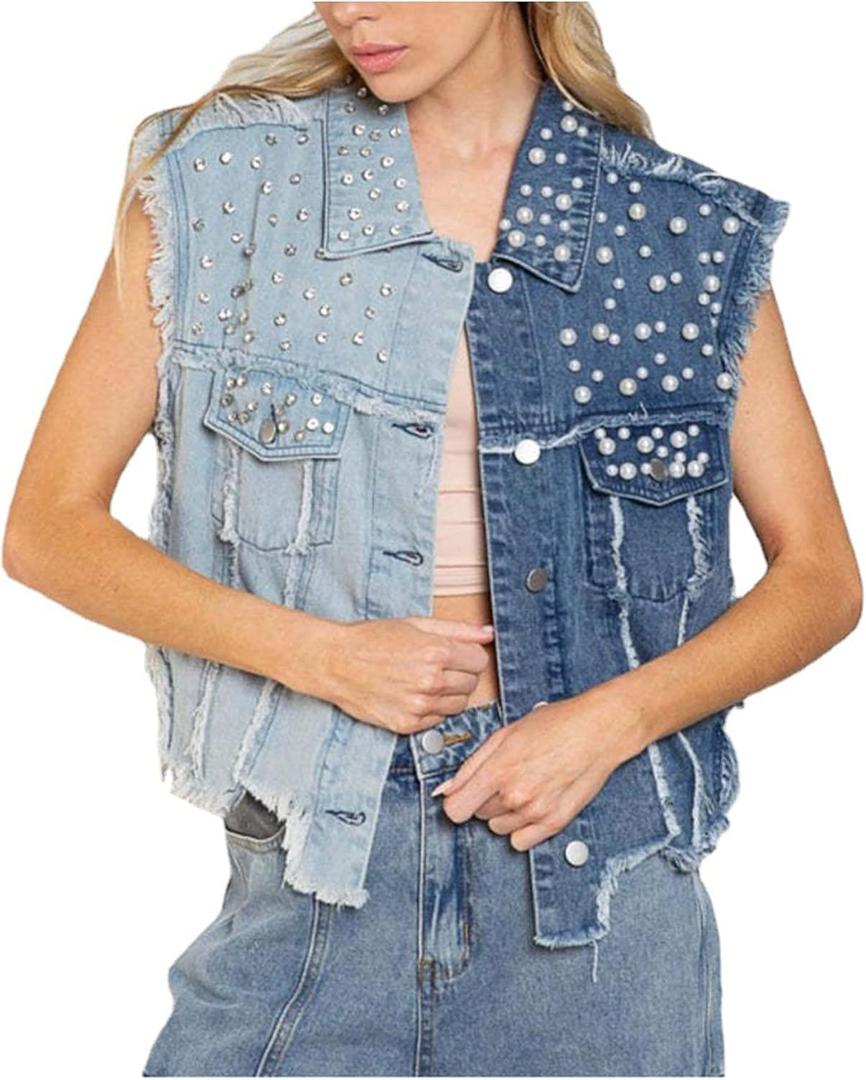 Lucrosun Womens Beading Pearls Denim Vest Button Sleeveless Cropped Jean Jacket (M, Blue)