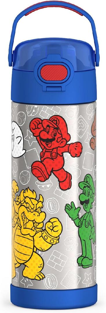 THERMOS FUNTAINER 16 Ounce Stainless Steel Vacuum Insulated Bottle with Wide Spout Lid, Mario