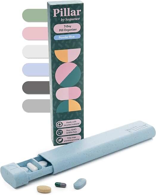 Pillar - 7-Day Pill Organizer | Weekly Medicine Pill Container Travel Box - Aesthetic Medication Holder - Stylish Travel Pill Case - Cute Small Medication Organizer 7 Day for Women (Powder Blue)