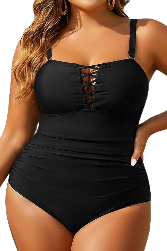 Yonique Women Plus Size One Piece Swimsuits Tummy Control Bathing Suits Vintage Swimwear Black 20W
