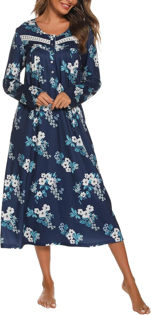 YOZLY Nightgowns for Women Soft Cotton Long Sleeve Night Gwon with Pockets (Medium, Floral Navy)
