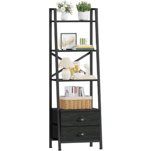 Furologee 4-Tier Ladder Shelf, Small Bookshelf with 2 Drawers, Vertical Bookcase Storage Rack Organizer, Display Bookshelves for Living Room, Bedroom, Bathroom, Home Office, Kitchen, Black Oak