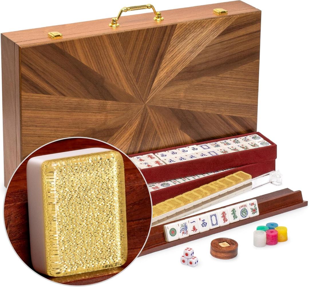 Yellow Mountain Imports American Mahjong Set, Golden Fortune with 166 Acrylic Mahjong Tiles, Inlaid Wooden Case, Racks and Other Accessories