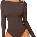 OQQ Bodysuits for Women Boatneck Long Sleeve Basic Stretch Classic-Fit Tops Sexy Bodysuit M