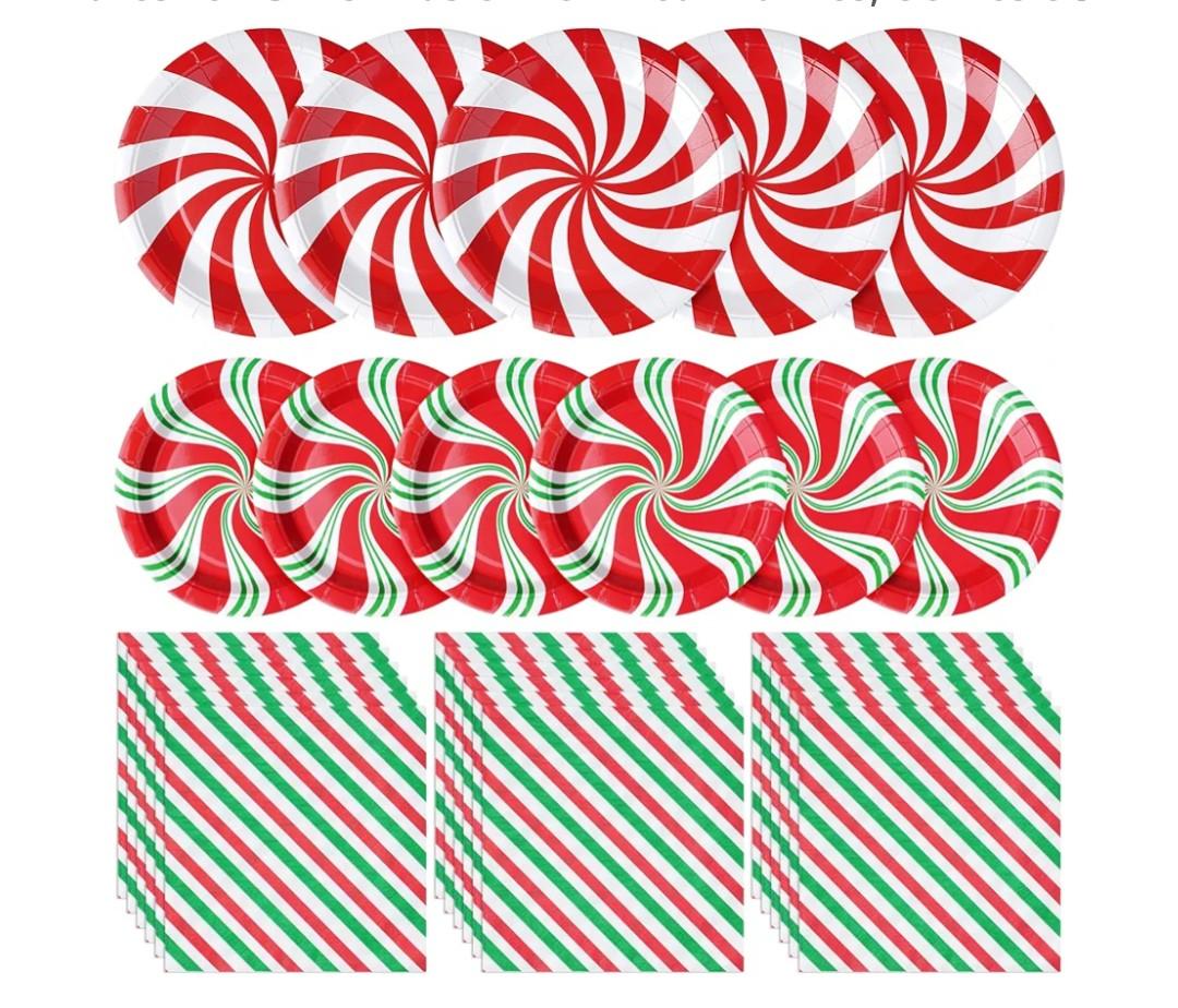 Uiifan 300 Pcs Christmas Paper Plates and Napkins Sets Peppermint Candy Disposable Tableware Decor 200 Red Striped Round Candy Paper Dinner Plates 100 Candy Paper Napkins for Xmas Candy Party