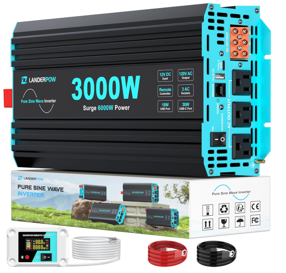 3000 Watt Pure Sine Wave Inverter 12V DC to 120V AC for RV, Truck, Solar, Home, Off-Grid, Power Inverter with 3 AC Outlet, 30W USB-C, 5V 3.1A USB, Hardwire Port, Remote Control, Surge 6000W