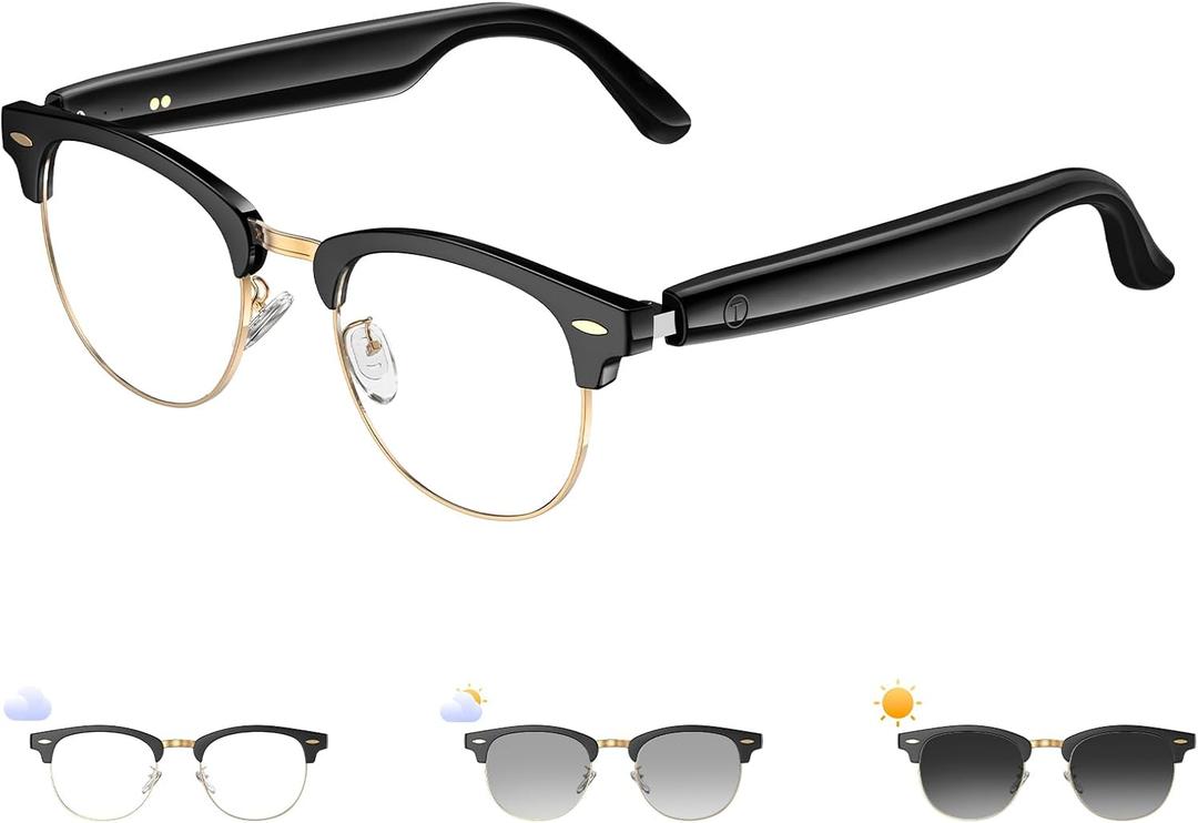 Smart Glasses, Photochromic Lenses Bluetooth Glasses, Blue Light Blocking, Open-Ear Speakers, Ligthweight Design Photochromic Sunglasses for Men and Women, Gold UF-C8 Ultra (No translation function)