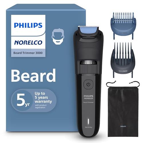 Norelco Philips 100% Waterproof Beard Trimmer 3000 Series with Self-Sharpening Blades, 40 Adjustable Beard Trimmer Length Settings & Two Lift&Trim Combs, USB Charging, BT3620/40
